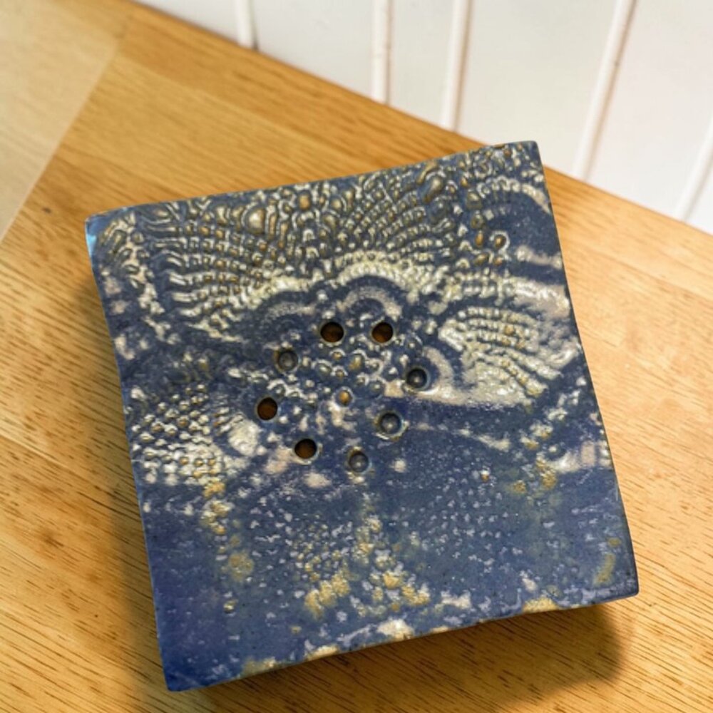 Ceramic Blue Square Soap Dish For Bathroom or Kitchen Slab Built Hand Crafted